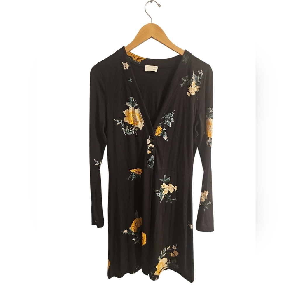 Aritzia Wilfred Free Dress Large Black Yellow Floral Mini Fit Flare Roslin - Picture 3 of 7